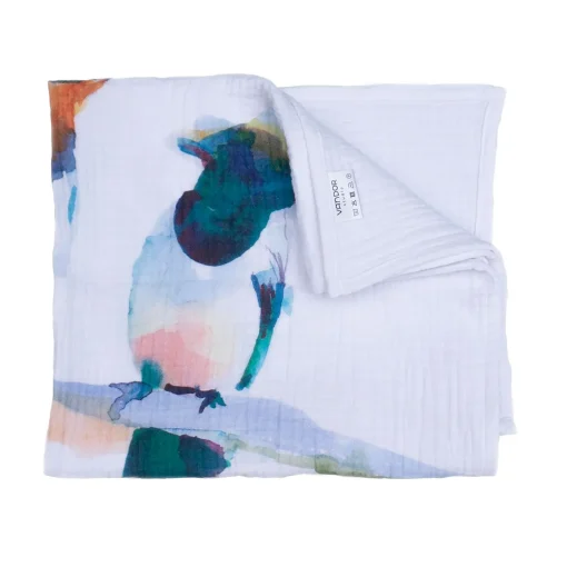 fehér pamut babatakaró összehajtva madár mintával