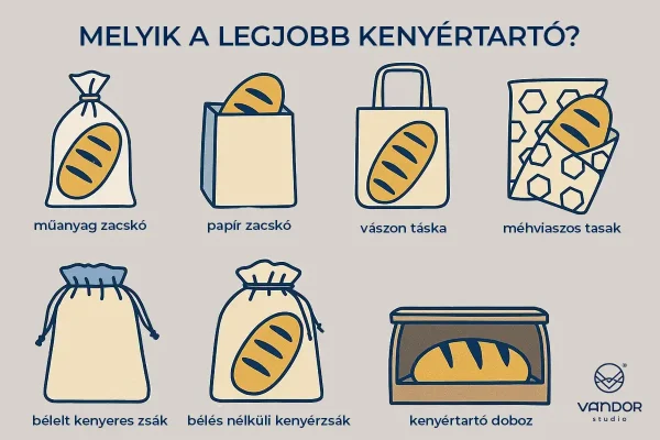 melyik a legjobb kenyértartó alternatíva? A grafika különböző kenyértárolási módokat ábrázol a kenyérzsákoktól a zacskókon át a kenyértartó dobozig bezárólag.