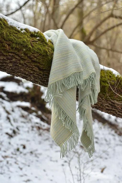 skandináv stílusú pléd erdőben havas faágra terítve