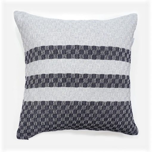 handwoven cushion with navy blue and grey stripes